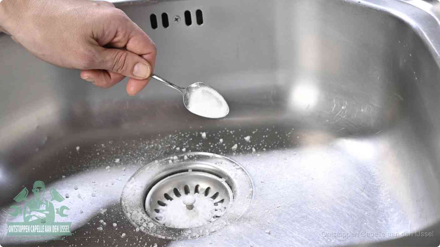 Een hand strooit met een lepel soda in de afvoer van een roestvrijstalen spoelbak, de soda en azijn huismiddel-methode om de afvoer te ontstoppen in Capelle aan den IJssel