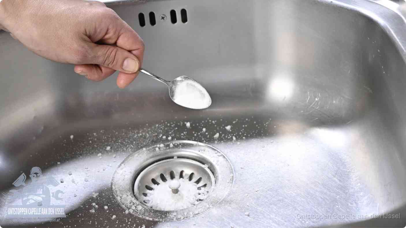 Een hand strooit met een lepel soda in het afvoerputje van een rvs spoelbak, de soda en azijn huismiddel-methode in Capelle aan den IJssel