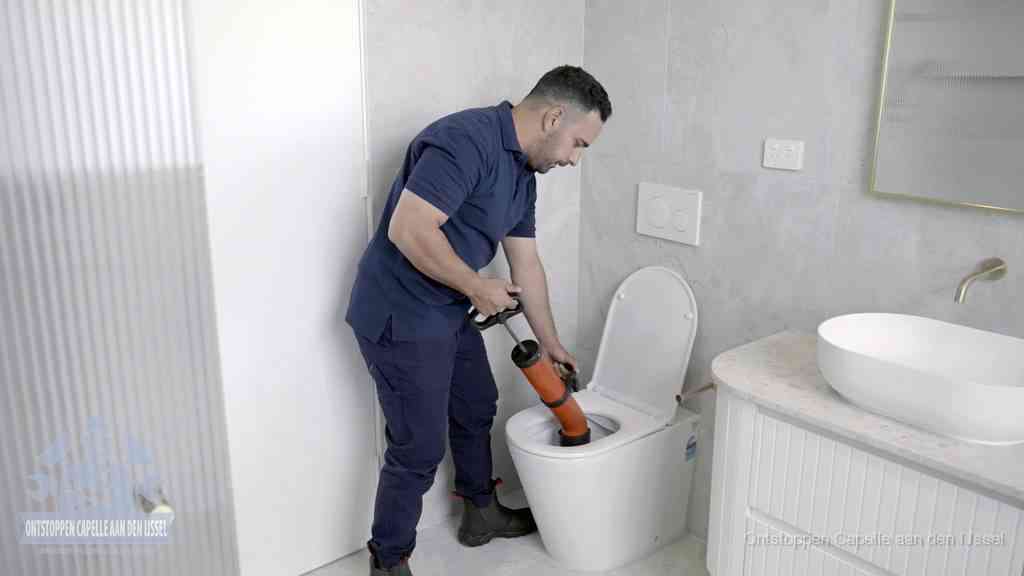 Een monteur buigt over een wandcloset en duwt met de hand een persluchtontstopper in de toiletpot om de verstopping handmatig los te maken in Capelle aan den IJssel