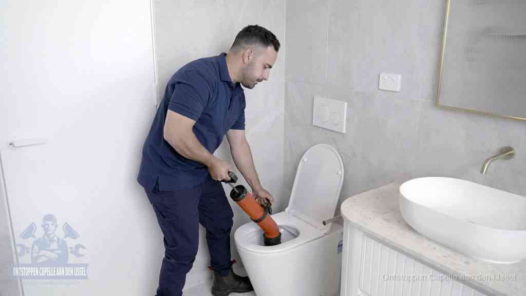 Een monteur gebruikt een handmatige perspomp (toiletontstopper) op een wandcloset tijdens het professioneel wc ontstoppen in Capelle aan den IJssel