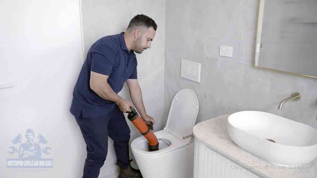 Een man gebruikt een handmatige luchtdruk-ontstopper in een modern betegeld toilet om zelf de wc te ontstoppen in Capelle aan den IJssel